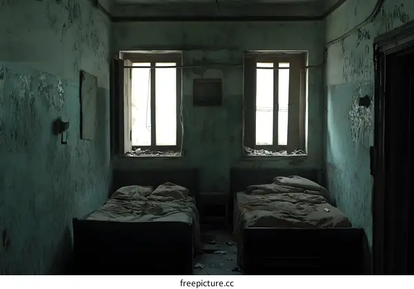 Abandoned Room with Two Beds and Windows