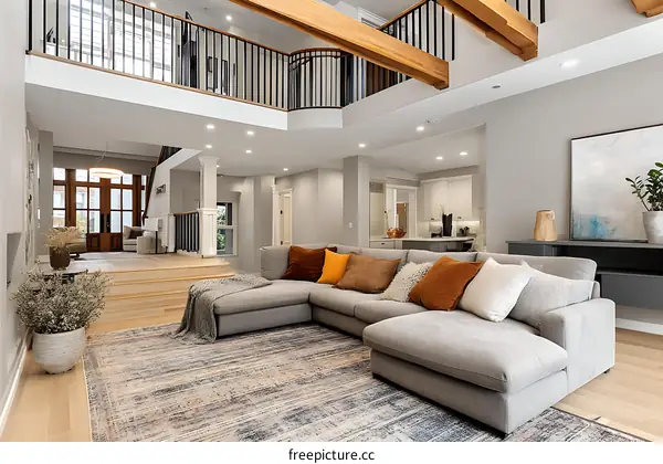 Modern Spacious Living Room with Wooden Beams