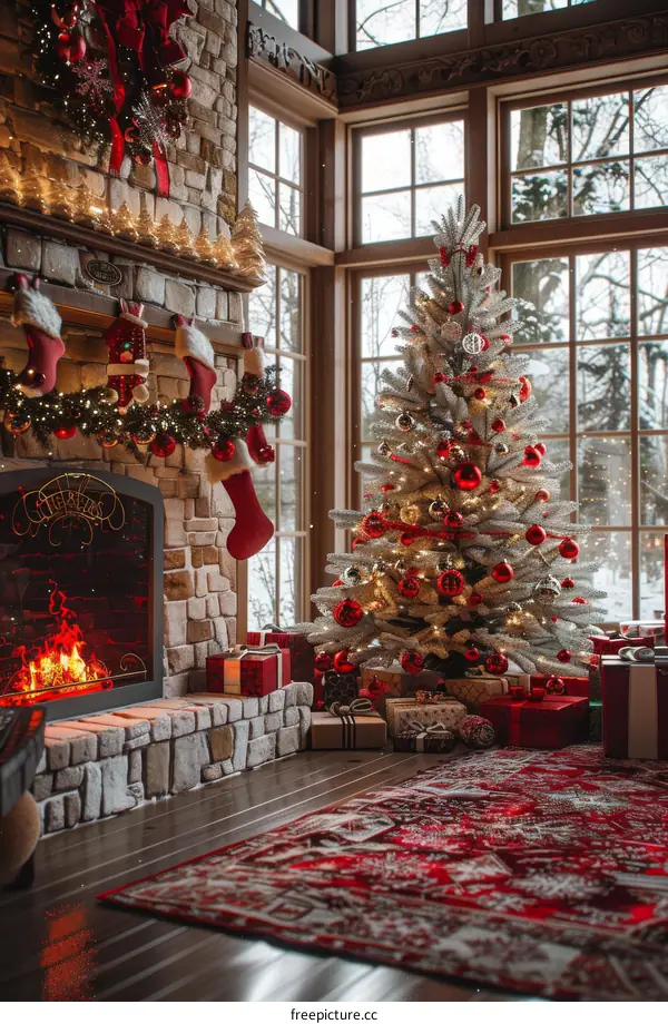 Cozy Christmas Scene with Presents and Fireplace