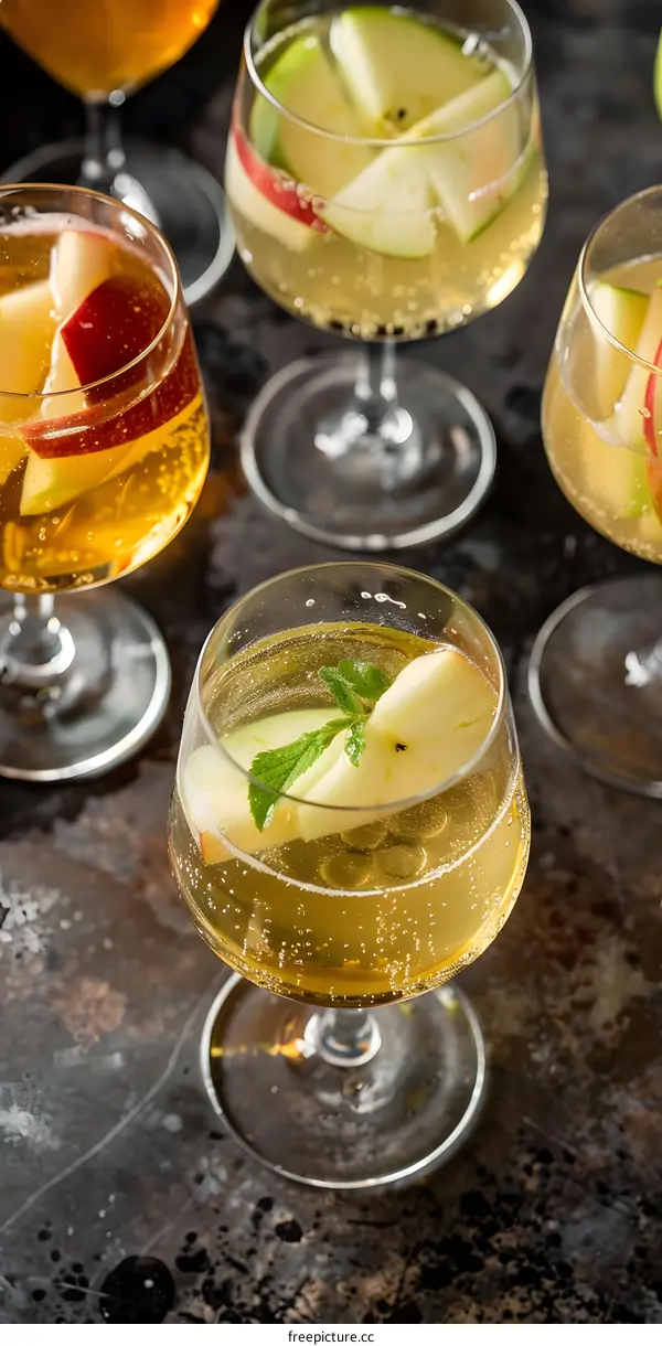 Apple Cider Cocktail with Slices of Apples and Mint