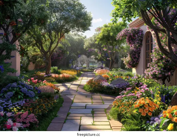 A beautiful garden path leads through a lush garden