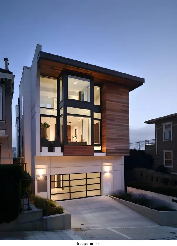 Modern House with Large Windows and Wooden Siding