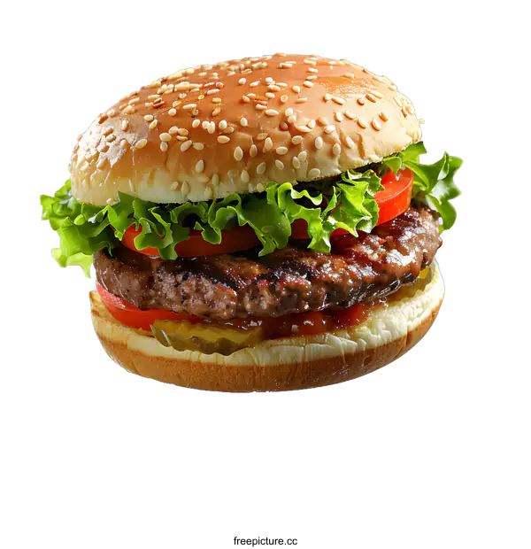 [Transparent Background PNG]Close Up Of A Delicious Classic Burger With Lettuce, Tomato, Pickle, And Sesame Seed Bun
