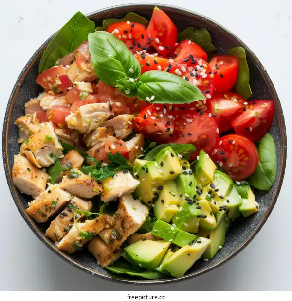 Healthy Chicken Breast Salad with Avocado, Tomato, Basil, and Spinach