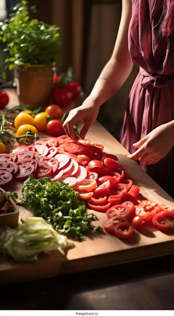 Caucasian woman slicing tomatoes on a wooden table