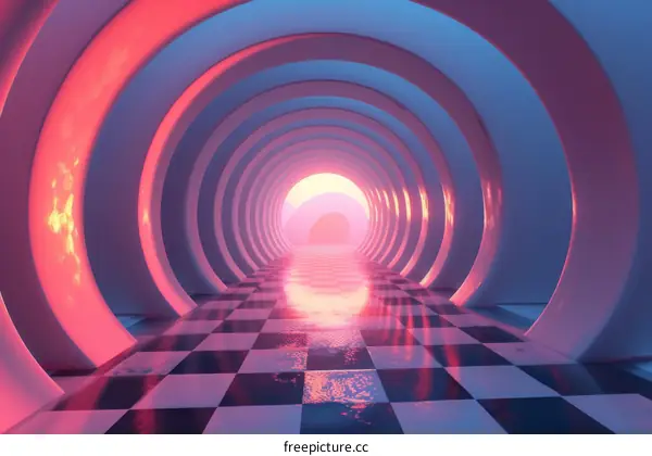 Retrofuturistic Sci-Fi Tunnel with Checkered Floor