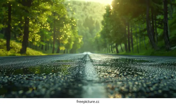Country road through the green forest after the rain