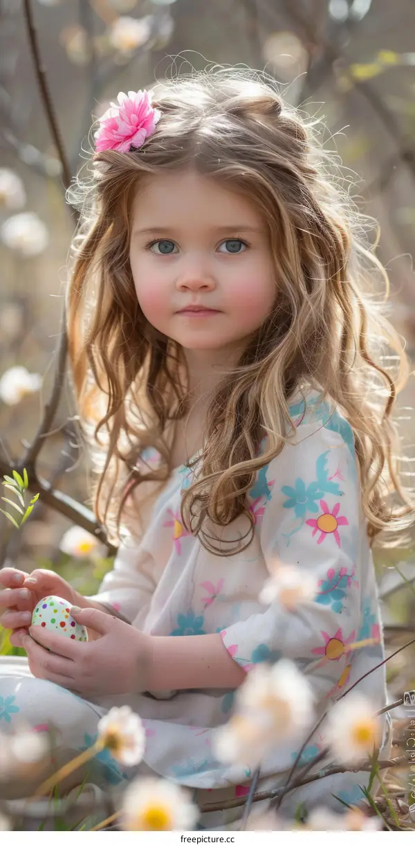 Little girl with blonde hair and blue eyes wearing a floral dress sitting in a field of flowers
