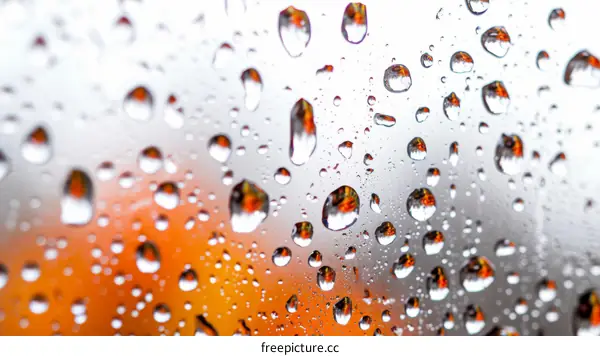 Raindrops on a window with an orange background