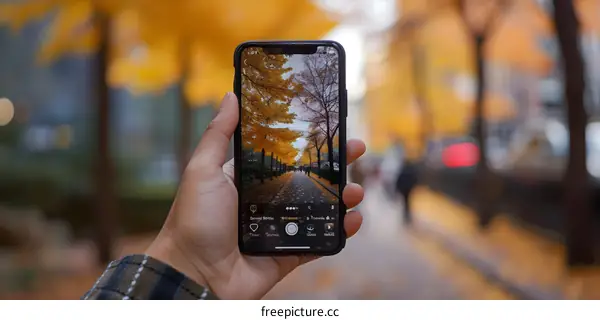 Person Holding Phone with Autumn Leaves Background