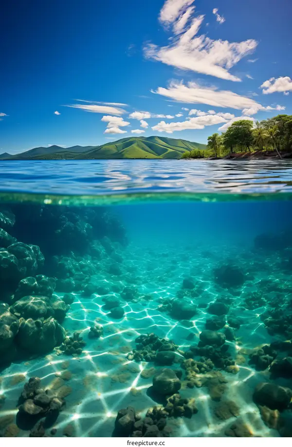 The beauty of the underwater world and the green island