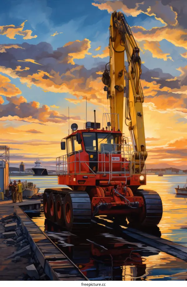 A large red and yellow crawler crane is being driven onto a barge by a man in a hard hat and a man in a yellow jacket.