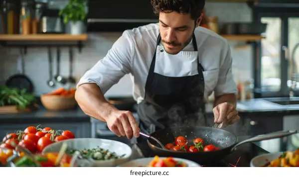 Young male chef cooking in a commercial kitchen