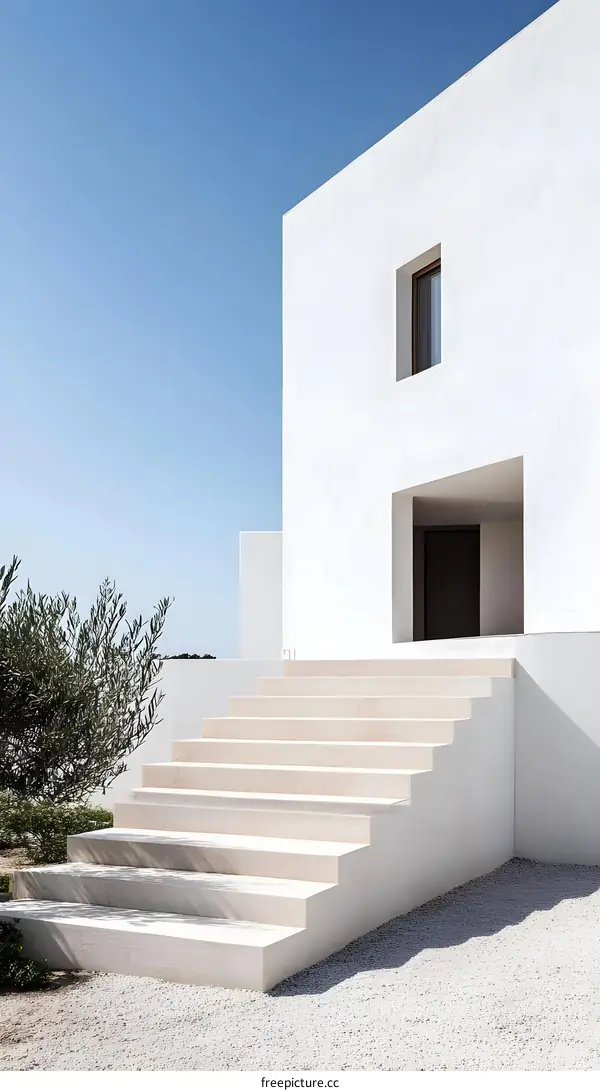 Modern White House Exterior With Steps and Olive Tree
