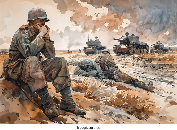 World War II Soldiers in a Battlefield Watercolor Painting