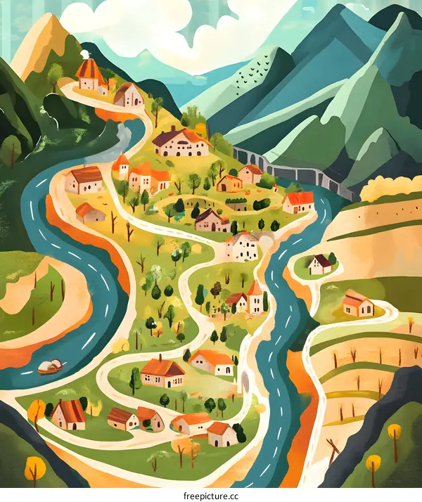 Mountain Village Landscape with Winding River and Houses
