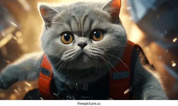 A cute cat wearing a spacesuit is sitting in a spaceship.