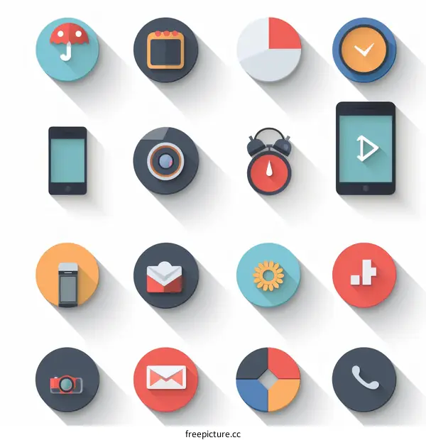 A set of colorful flat design icons with long shadows