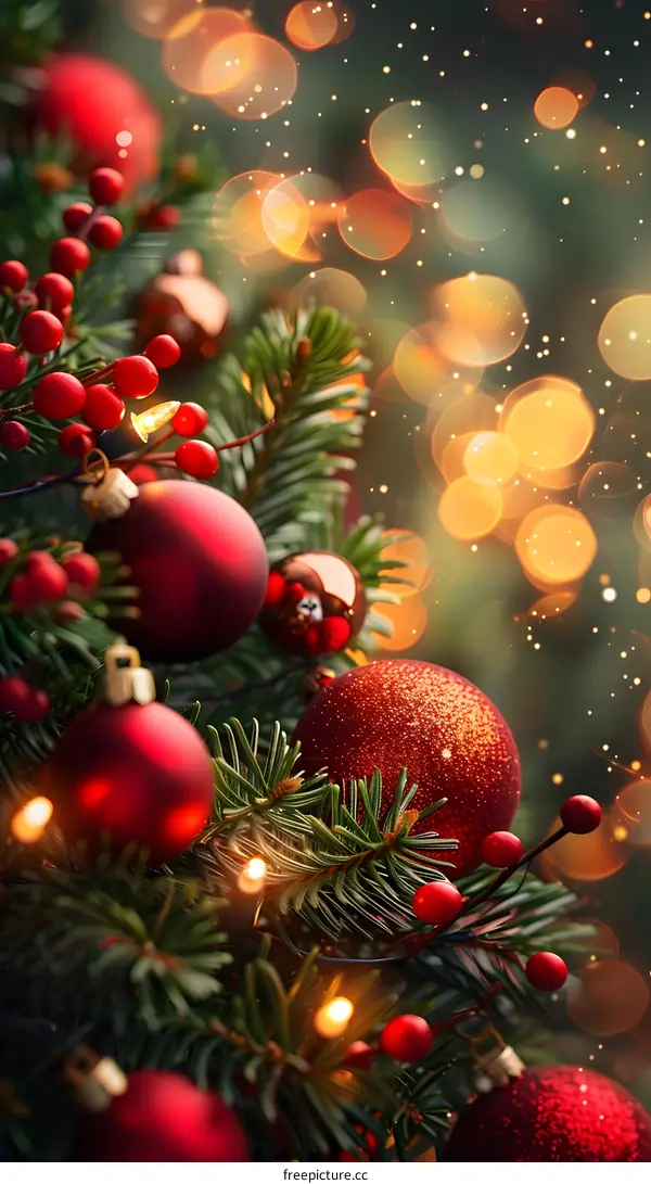 Christmas tree with red ornaments and lights