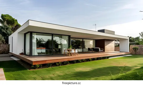 Modern House With Large Windows And Wooden Deck