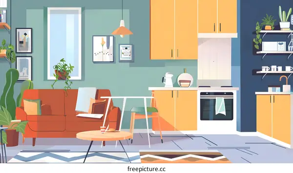 Modern Kitchen and Living Room Interior Design Illustration
