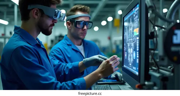 Two Caucasian Men Wearing Augmented Reality Glasses in a Factory Setting