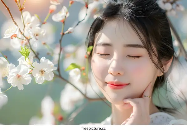 Beautiful Asian Woman Posing with Cherry Blossoms in Spring
