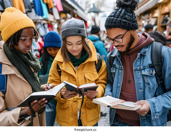 Group of friends reading together in the city street