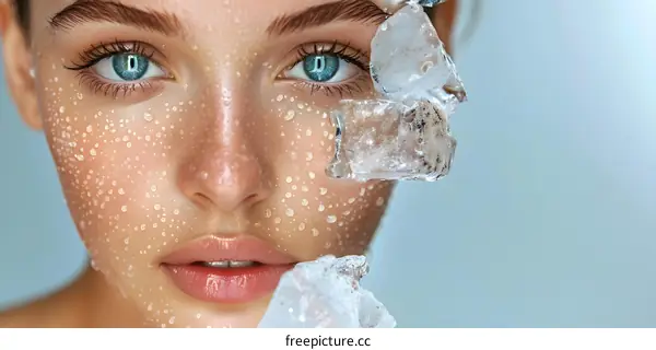 Woman with ice cubes on face