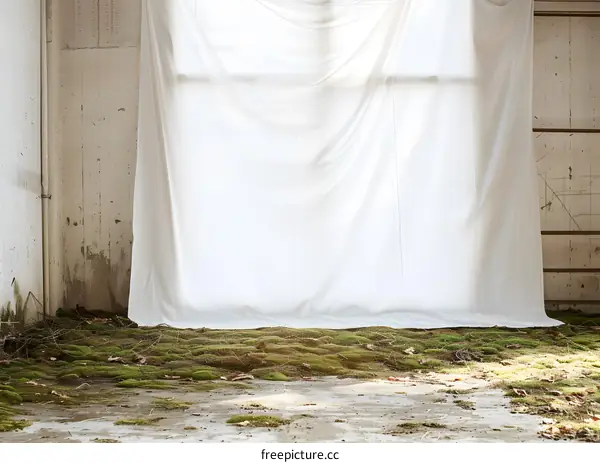 White Fabric Draped Over Concrete Wall With Moss