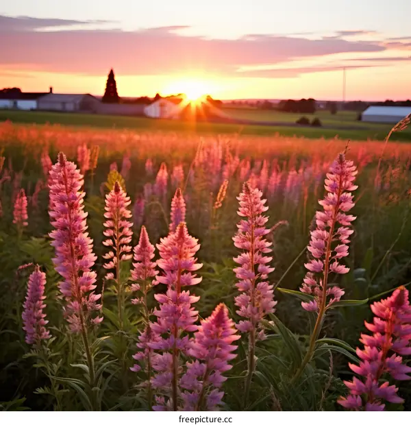 Field of pink flowers with sunset in the background