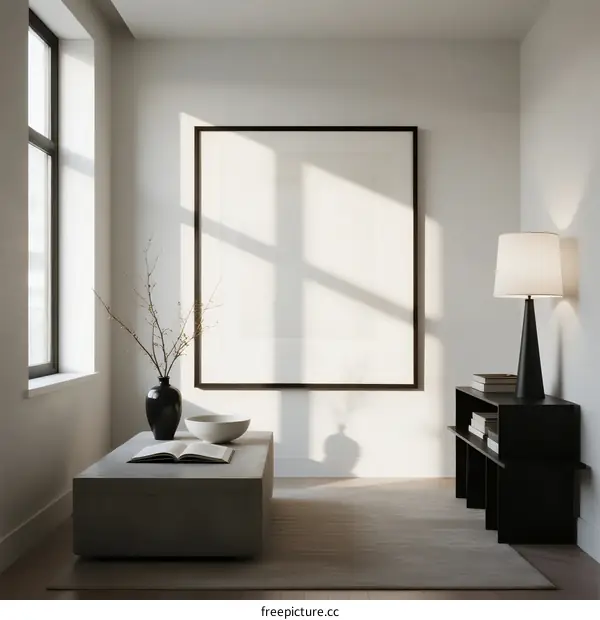 Minimalist living room with large window and empty frame