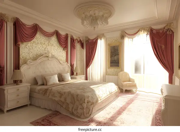 Luxurious Bedroom Interior Design With White Bed And Red Curtains