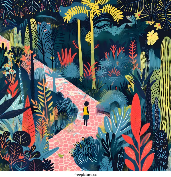 Colorful Forest Path Illustration with Girl