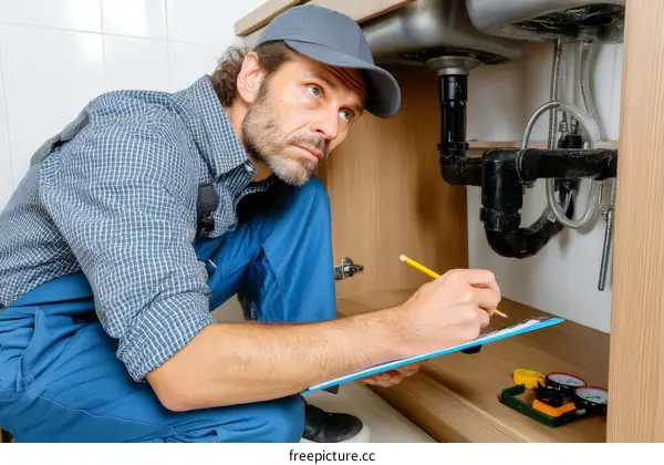 Plumber Inspecting Kitchen Sink Plumbing