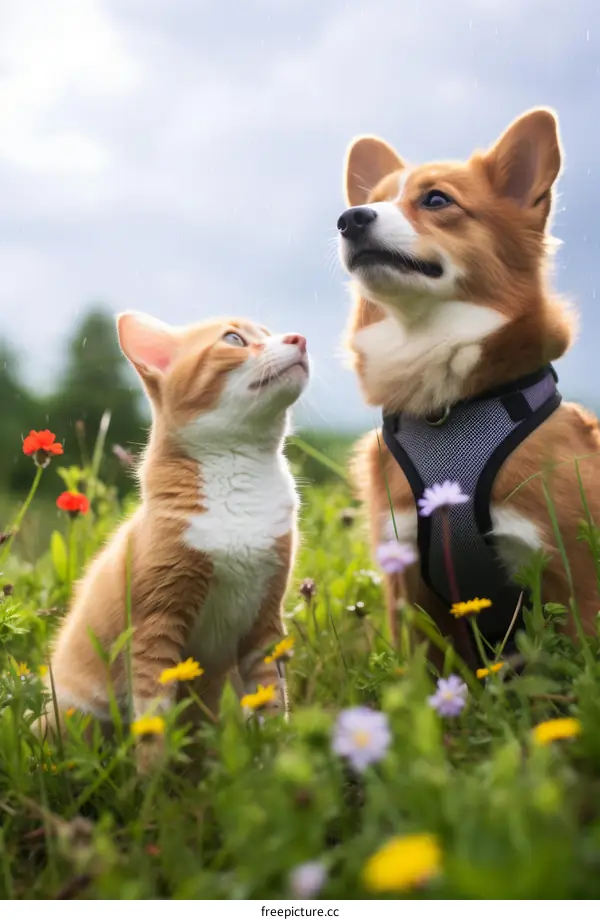 A ginger cat and a corgi looking up