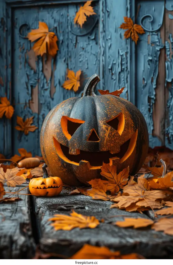 Spooky Halloween Pumpkin with Autumn Leaves