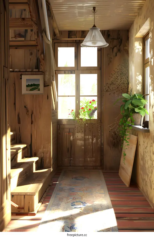 Wooden Cottage Interior With Stairs And A Window