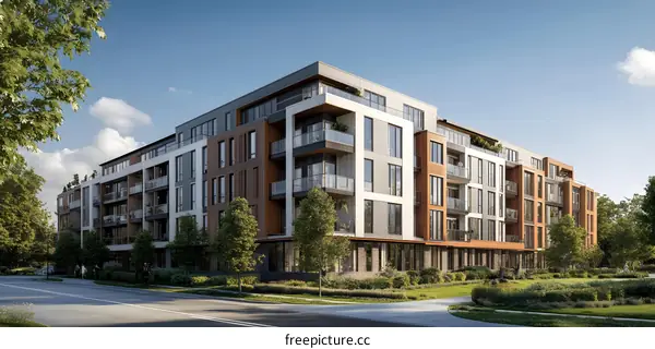 Modern Apartment Building with Green Landscaping