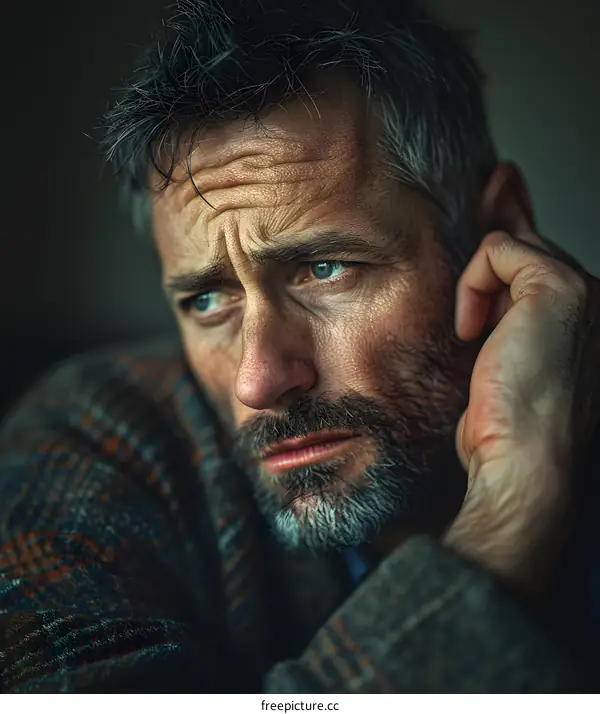 Portrait of a man with a beard and a pensive expression