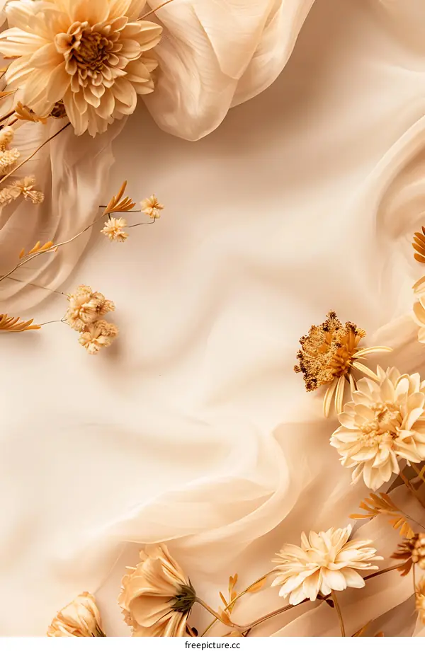 Dried Flowers on White Background With Beige Tulle Fabric