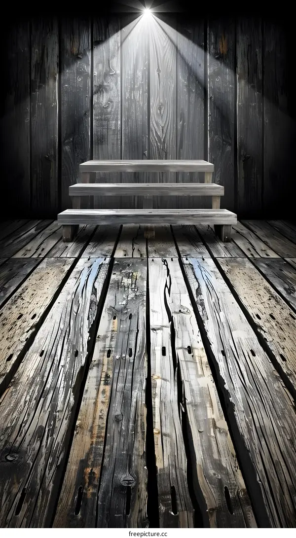 Old Wooden Floor with Steps and Light Beam