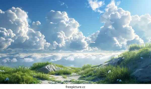 Lush Green Hill Under Blue Sky With White Clouds