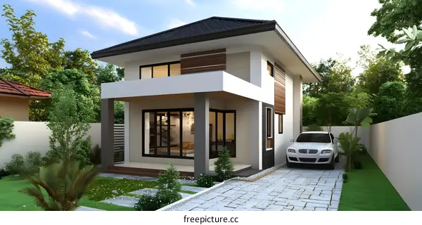 Modern White House With Black Windows And A Grey Roof