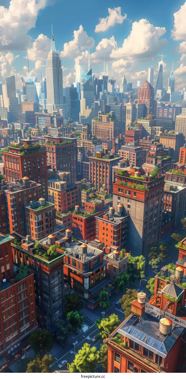 Cityscape Illustration With Green Rooftops