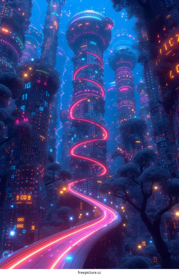 futuristic city street with neon lights and glowing trees