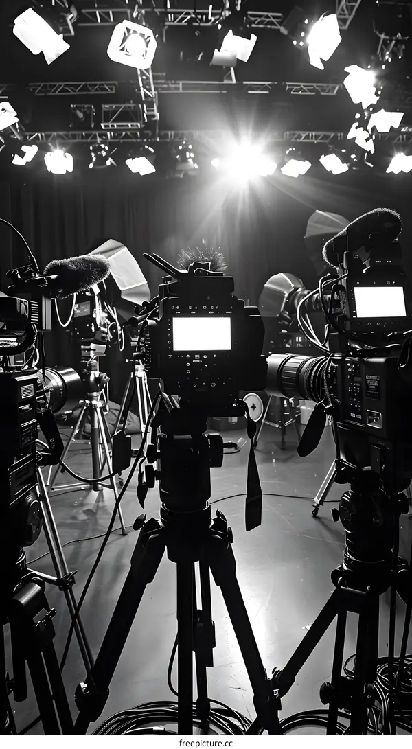 Professional Video Cameras on Tripod Stands in a Studio