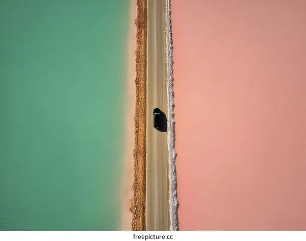 Aerial View of a Road Separating Two Colored Salt Lakes