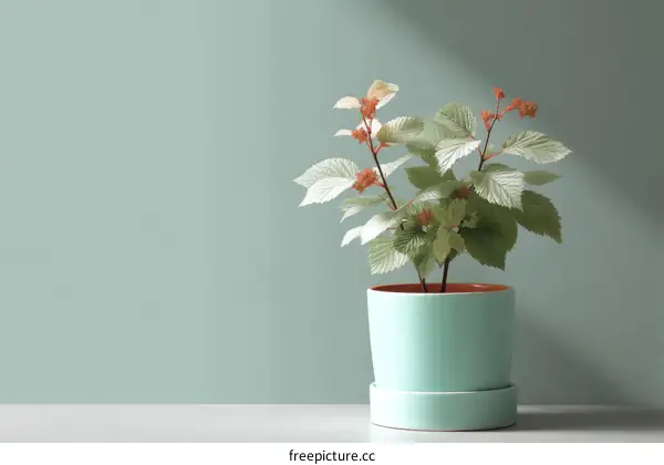 A Minimalist Plant in a Teal Pot Against a Soft Sage Wall