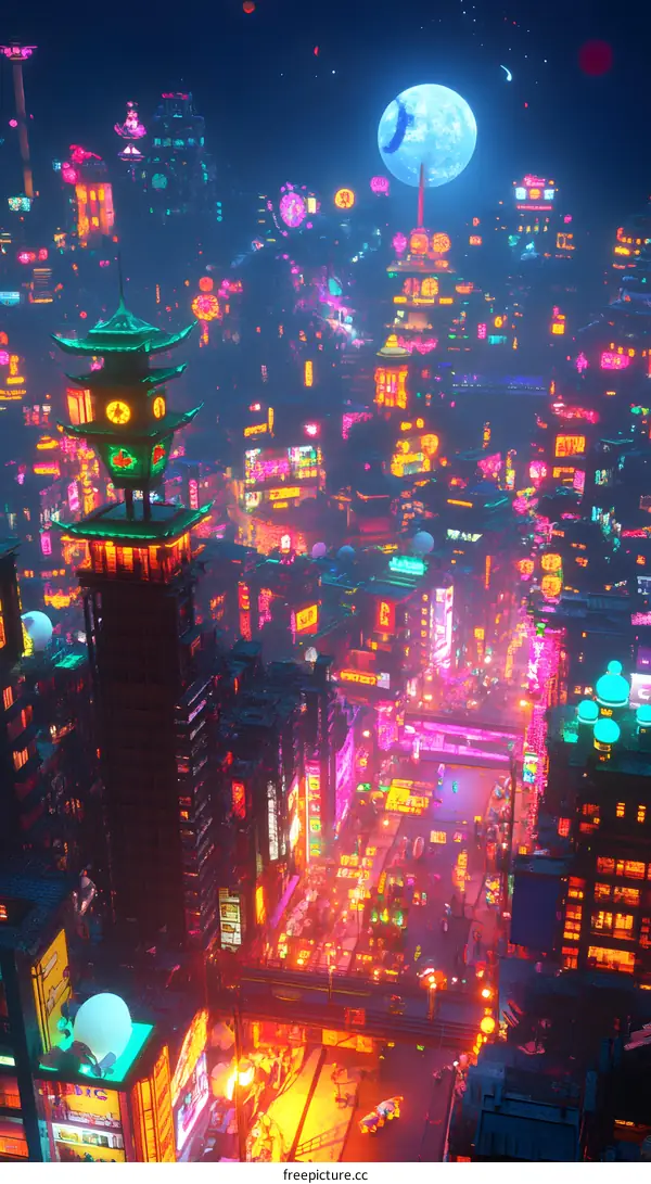 Futuristic Asian Cityscape With Neon Lights And A Giant Moon
